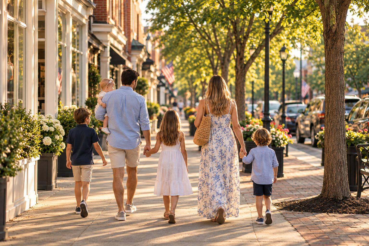 A family walking down a tree-lined downtown street on a Saturday morning