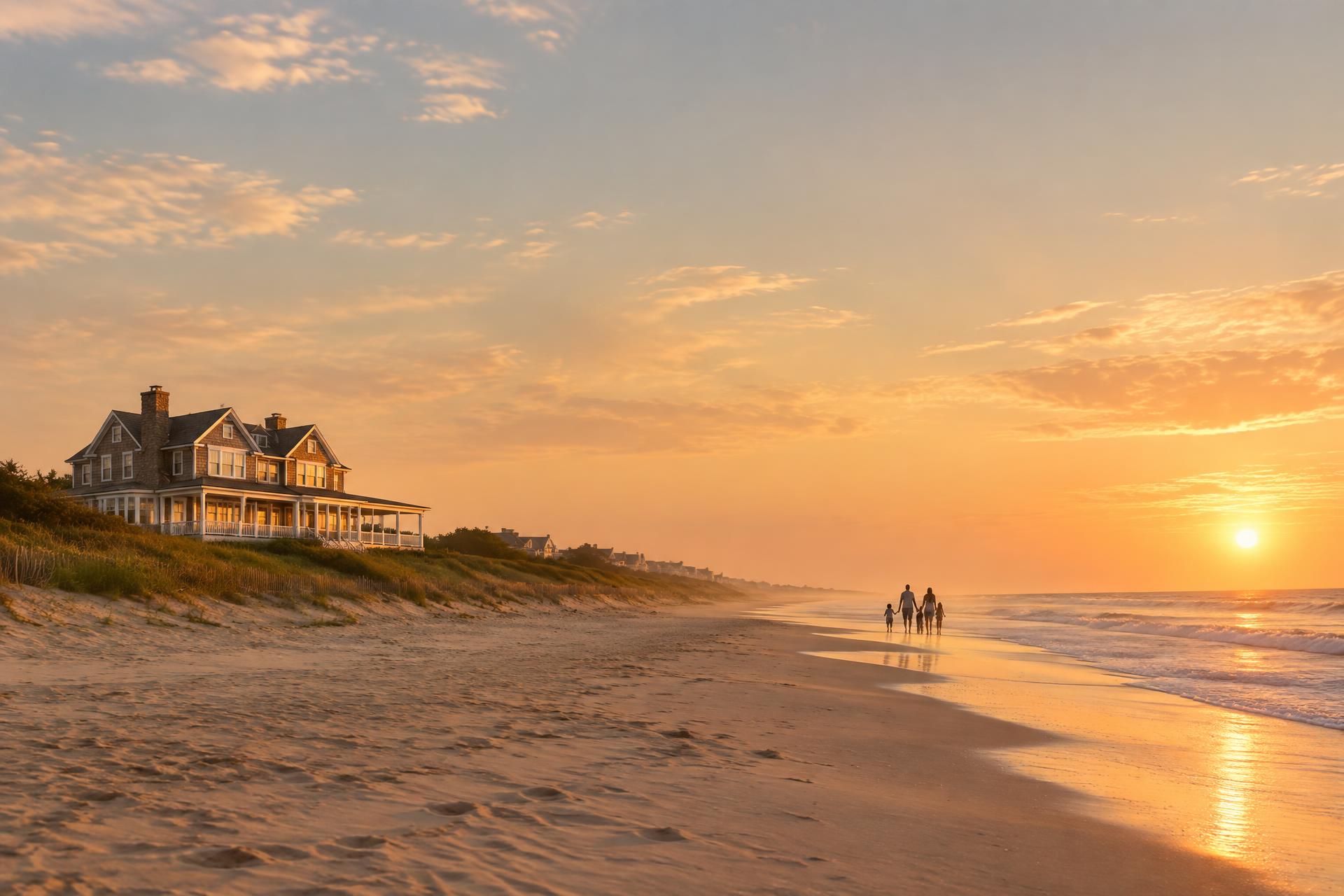 A family on the beach at sunset in the distance, in front of their Shore house