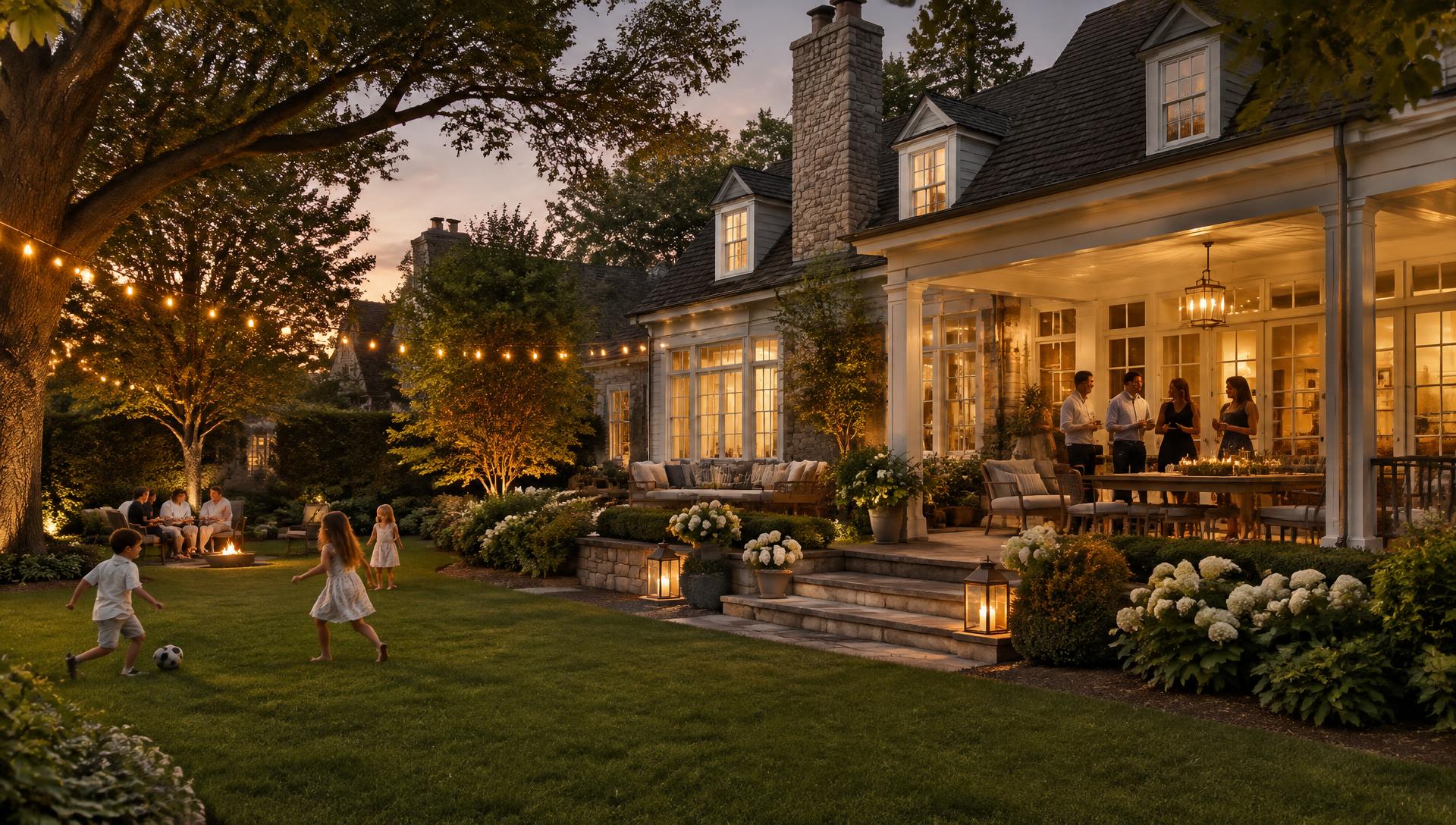 Neighbors gathered on the porch and lawn of a beautiful home at dusk